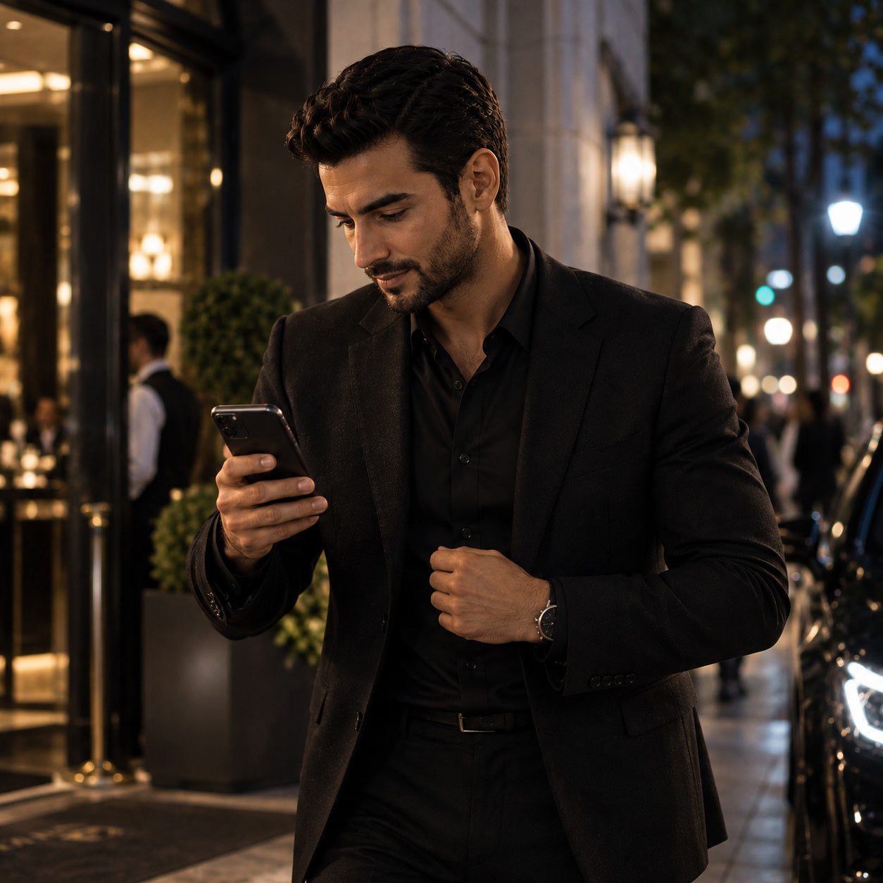 Man preparing before a date and checking his phone outside an elegant venue