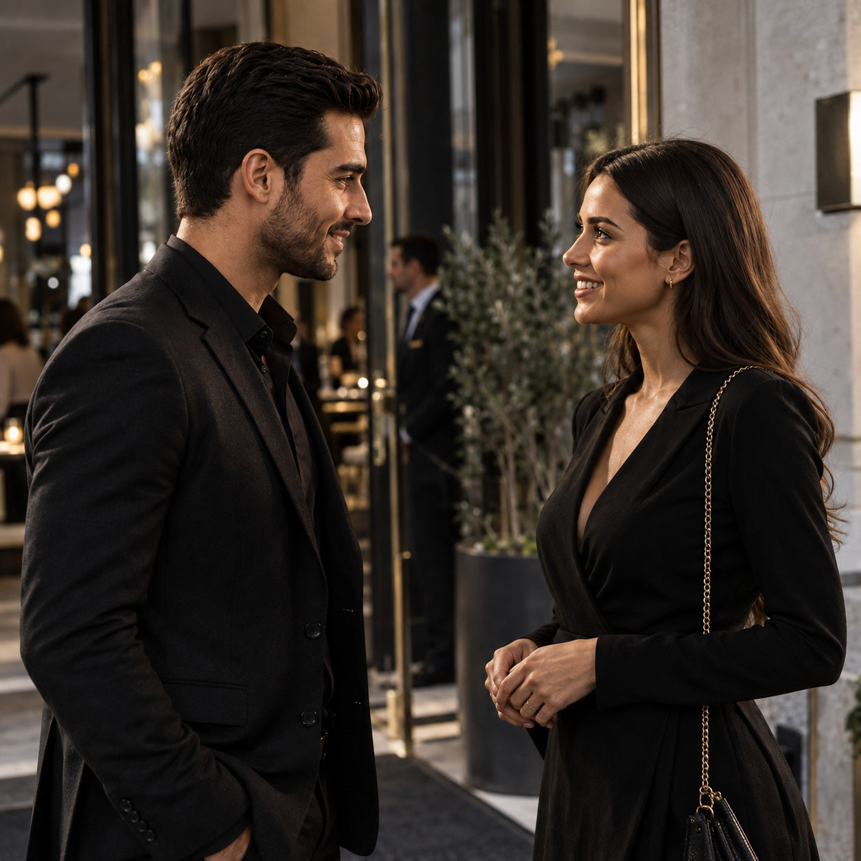 Man and woman meeting naturally outside an elegant venue