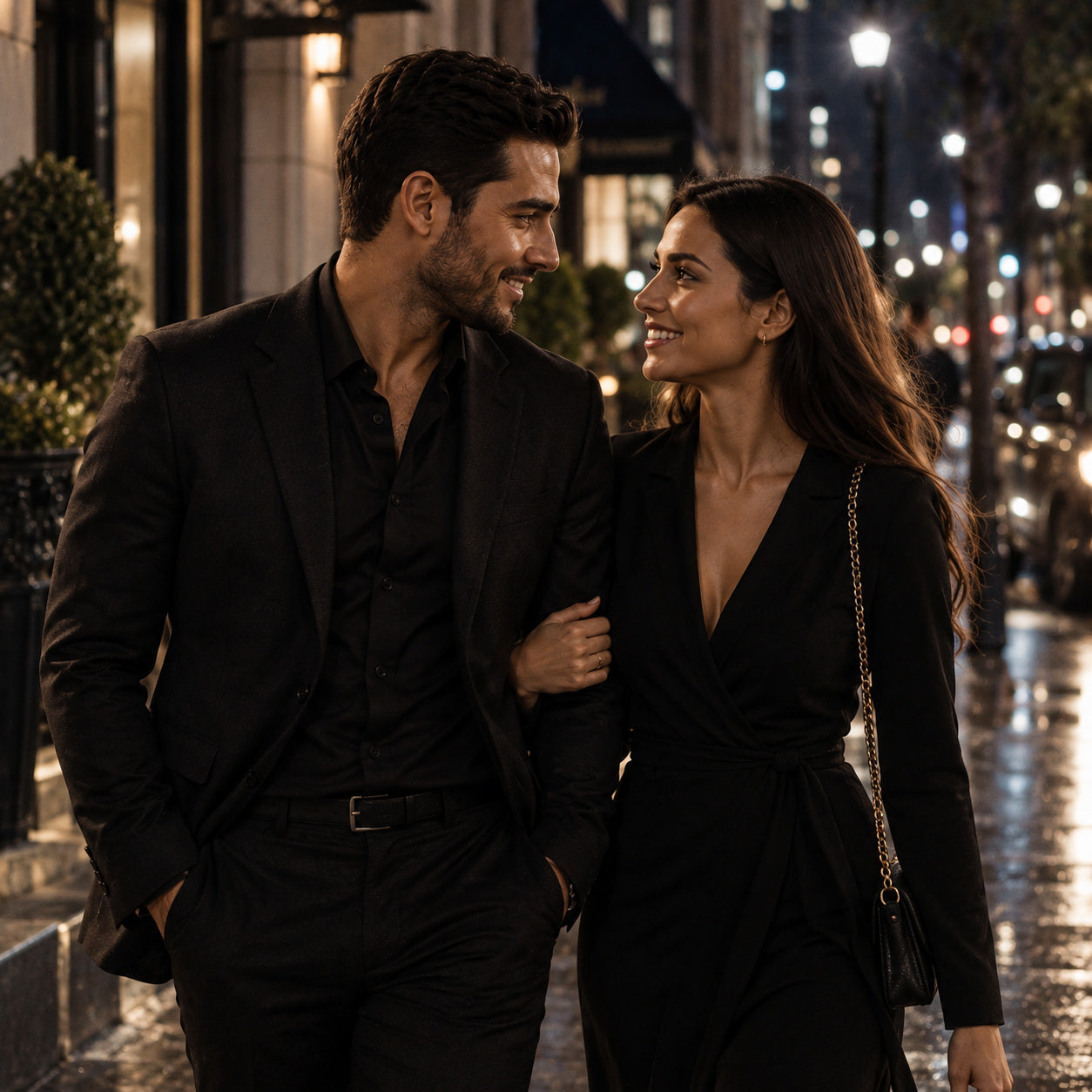 Couple walking together after dinner and sharing natural chemistry